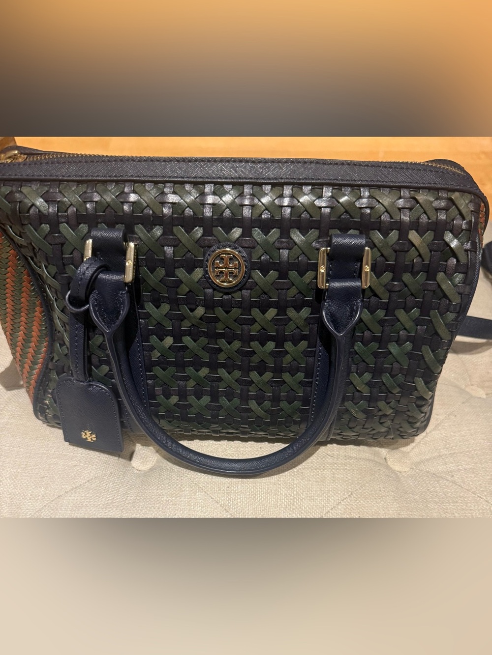 Tory Burch Green/Black Woven Leather Satchel with crossbody strap. Gold Hardware